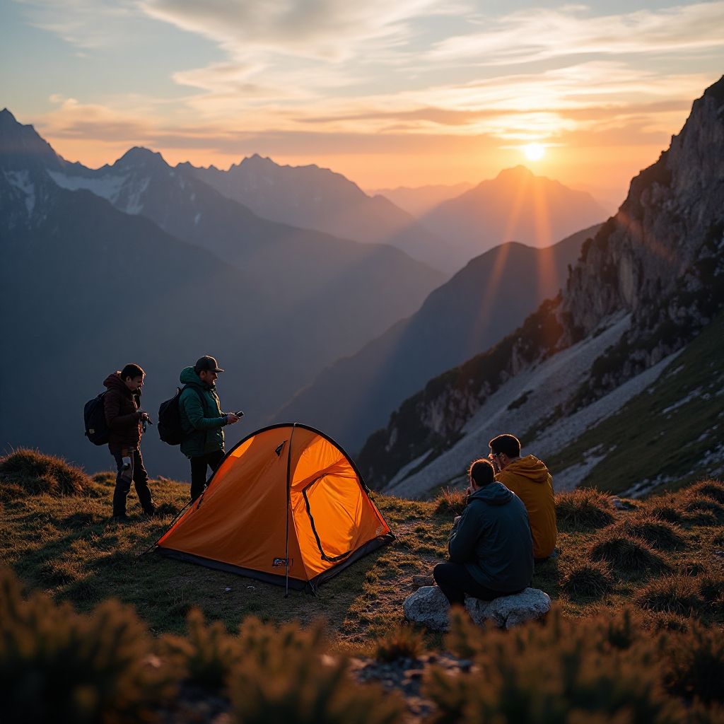 Coucher soleil bivouac montagne clients guides moment partage nature